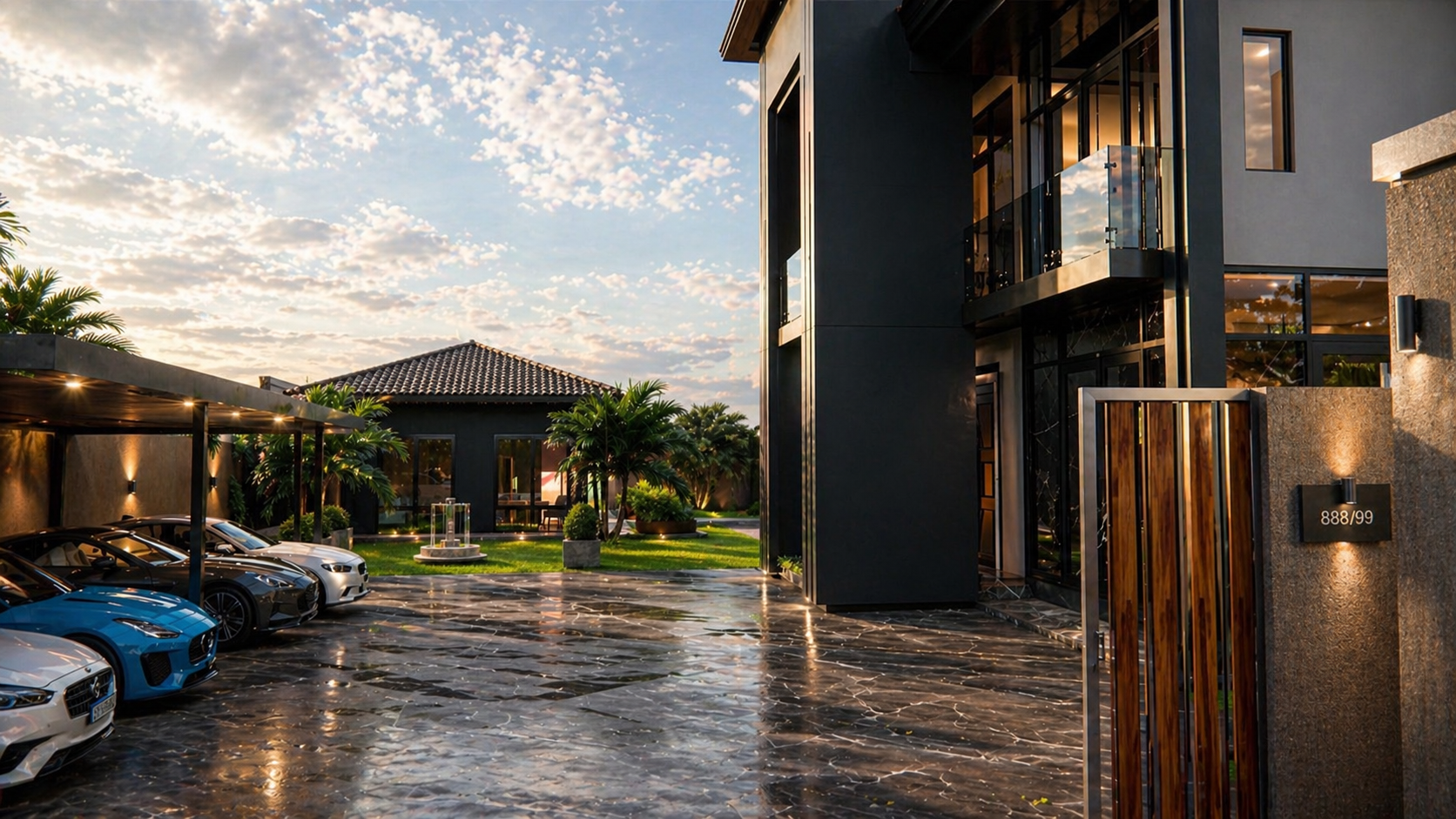 Grand Villa carport and entrance at sunset