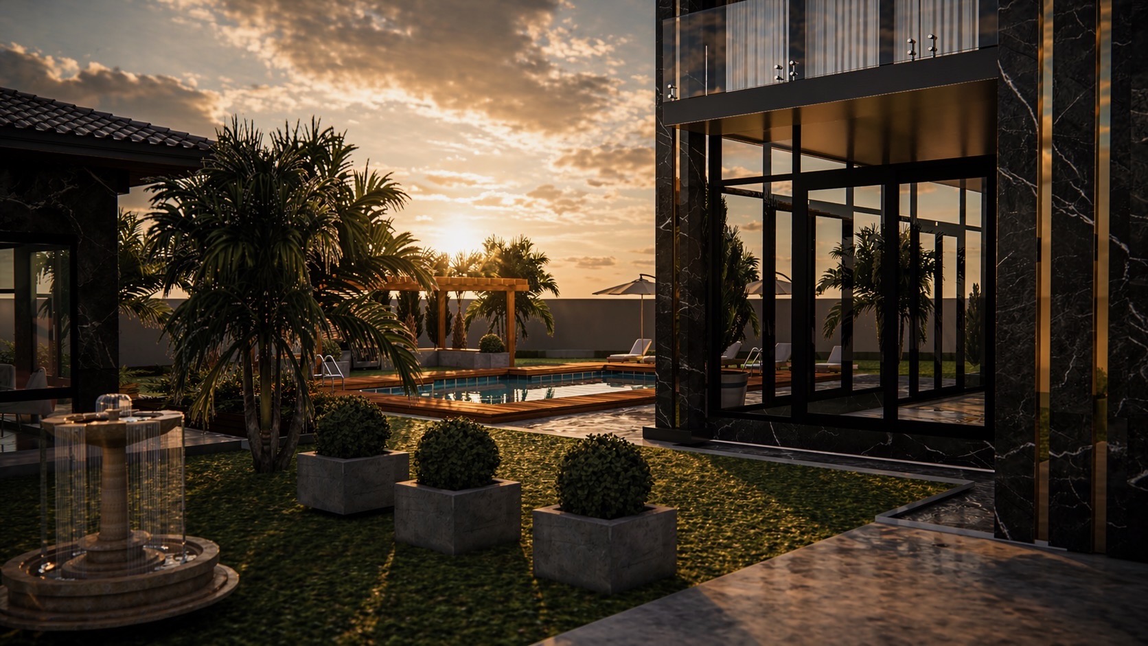The L-Shaped Villa exterior at sunset