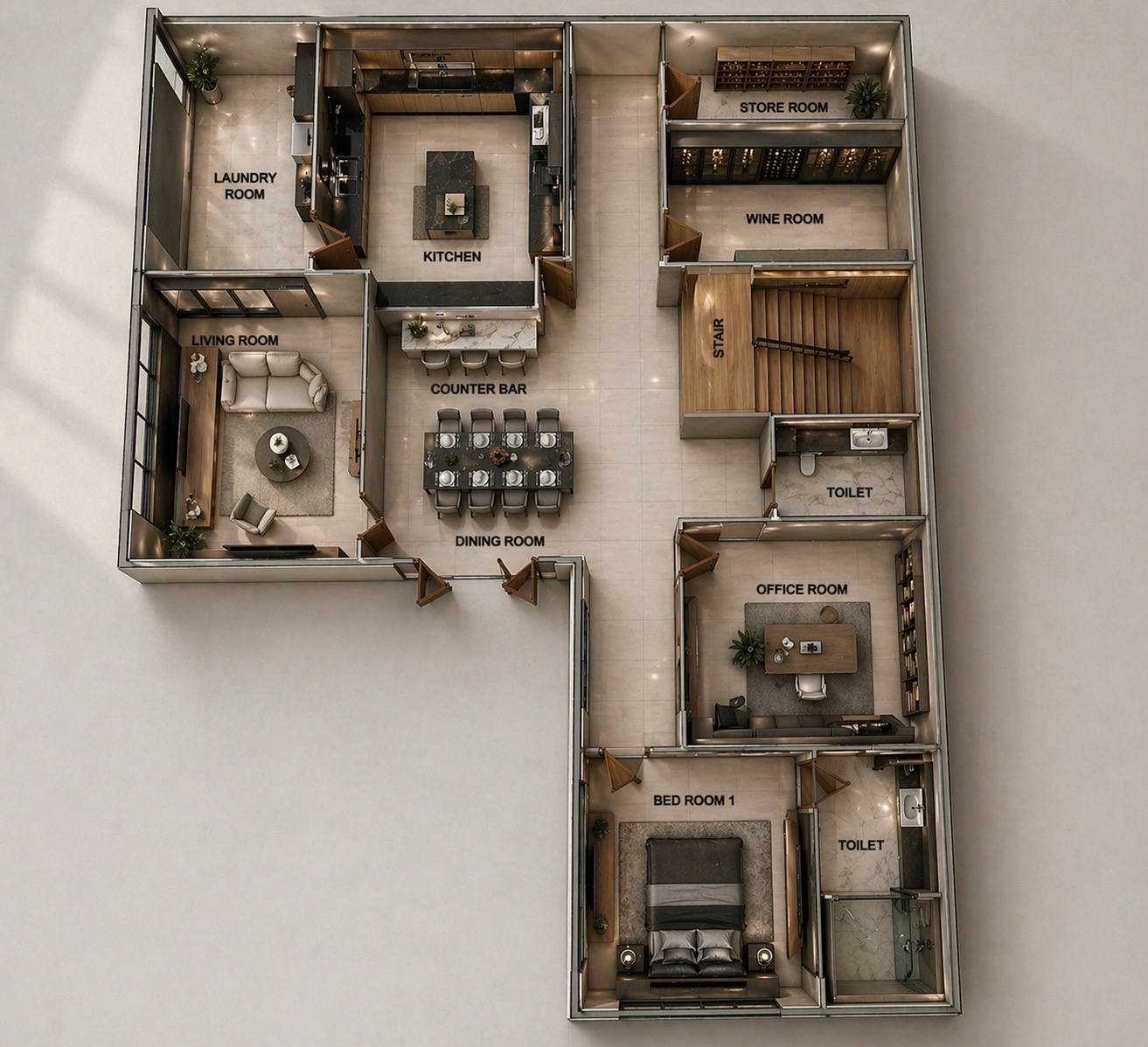 L-Shaped Villa lower floor plan