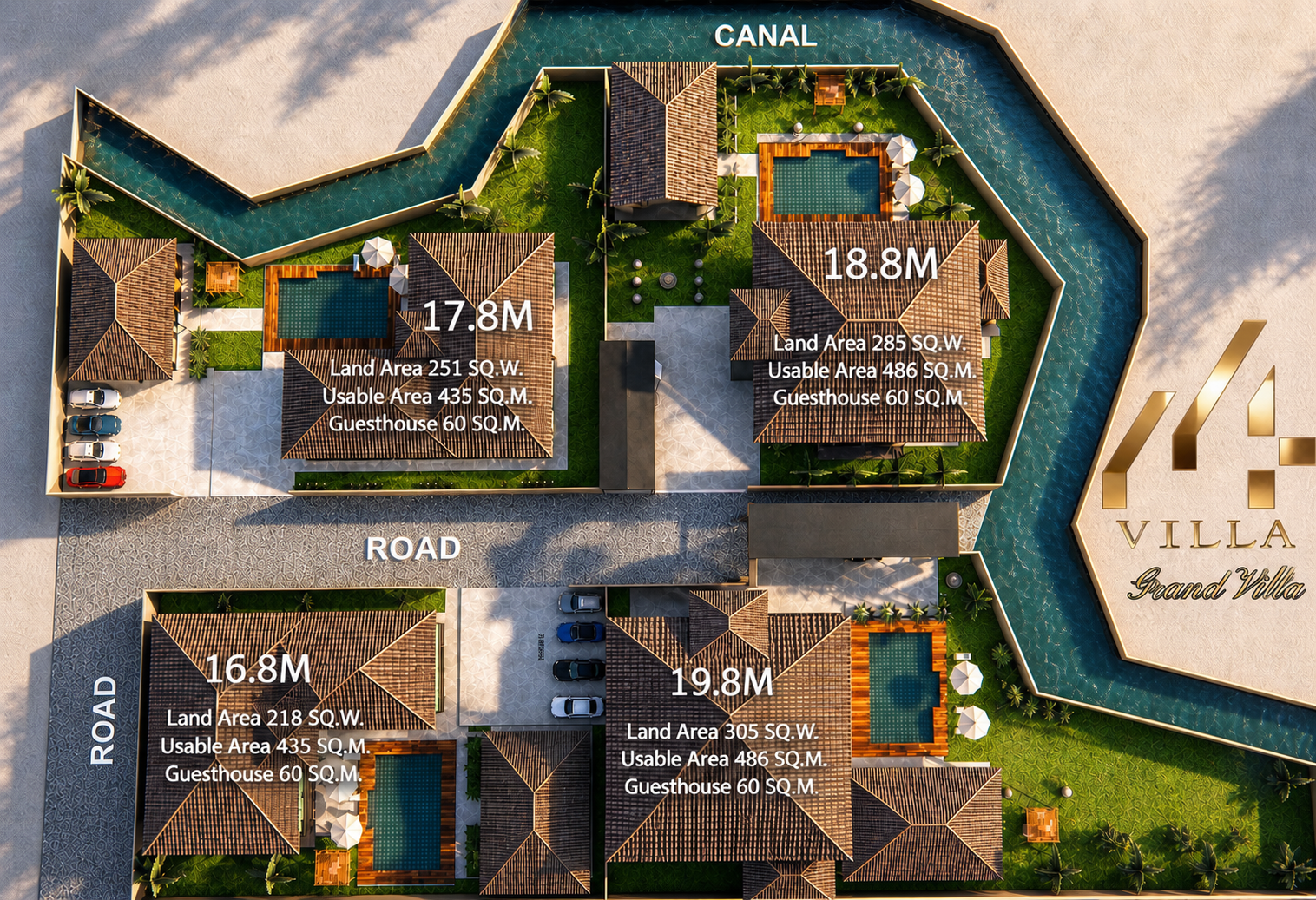 Grand Villa site plan showing the layout and position of all four plots