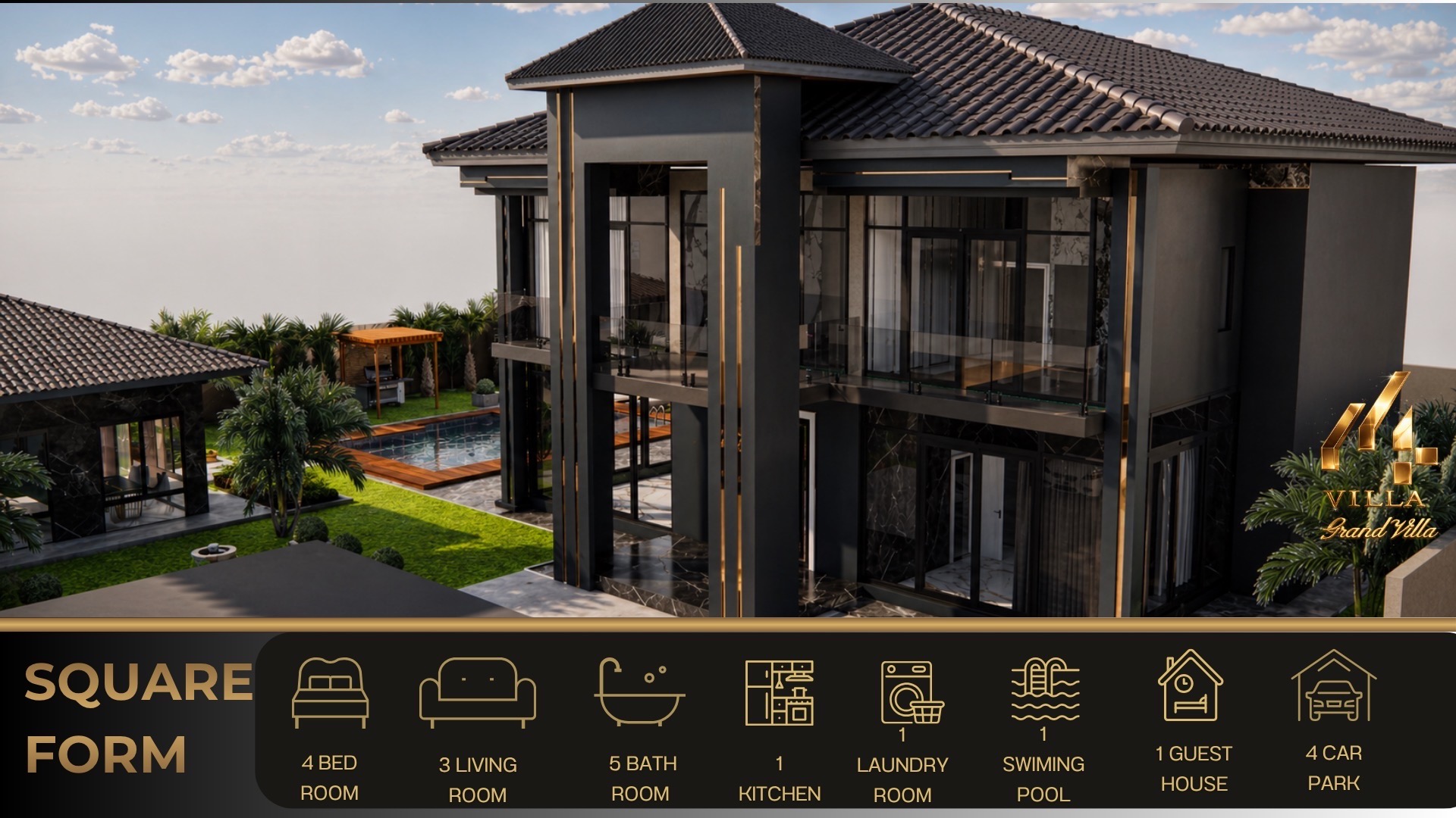 Grand Villa exterior with pool and guest house