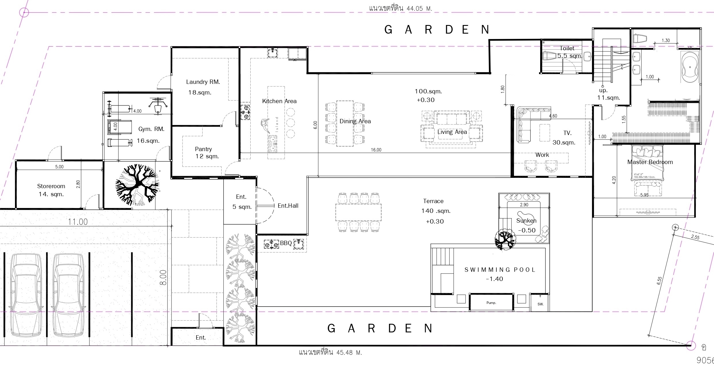 Villa Koh ground floor plan — kitchen, dining, living, master bedroom, gym, terrace and pool